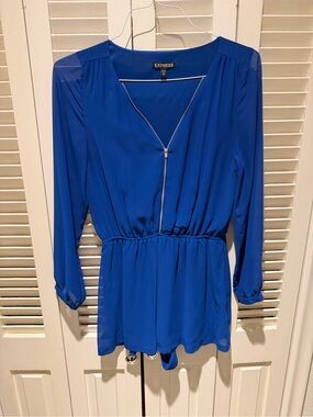 Express Women's Cobalt Blue Zip-Front Long Sleeve Blouse